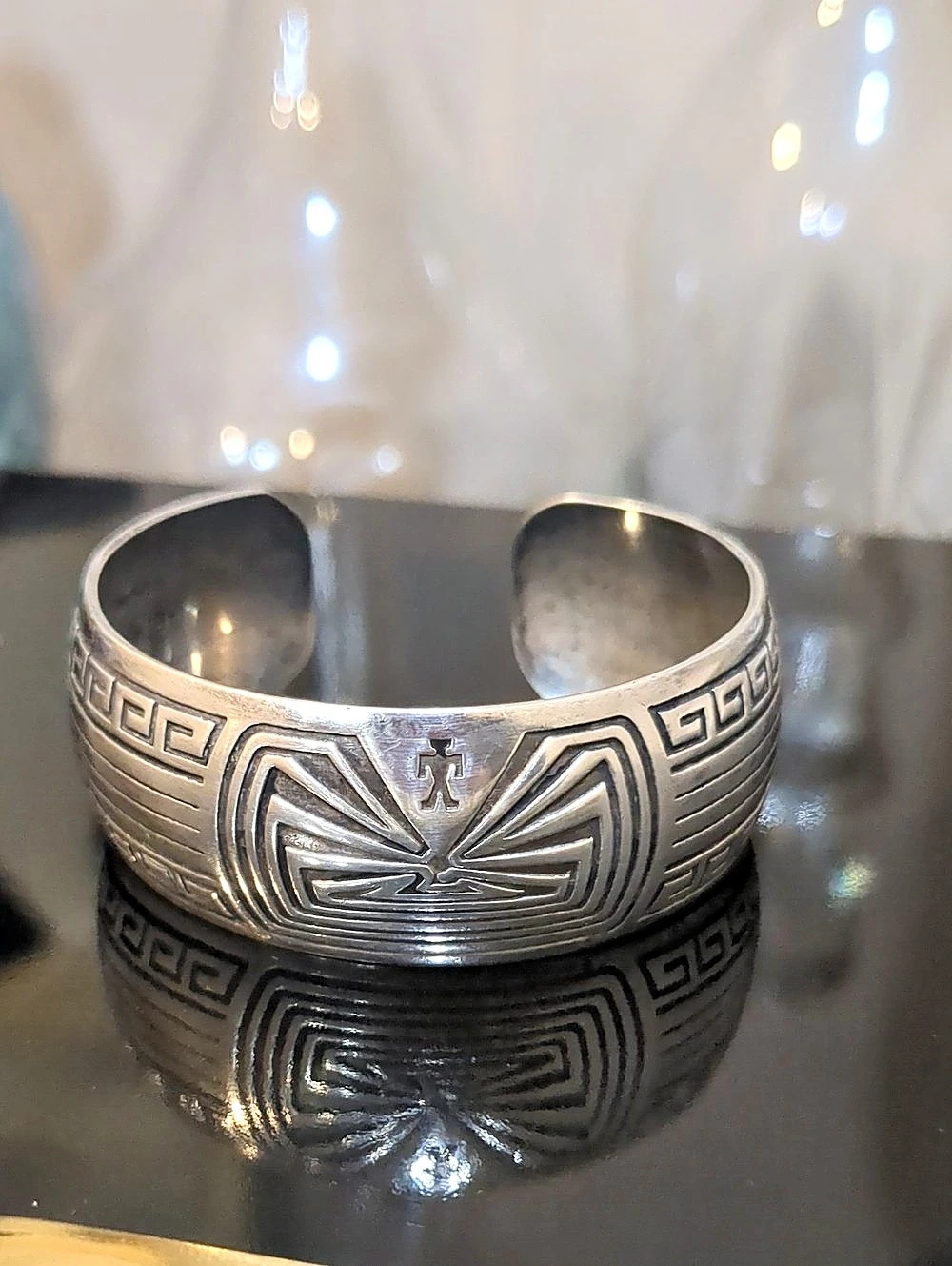 B Webb Vintage Signed Navajo Sterling Silver Geometric Cuff Bracelet